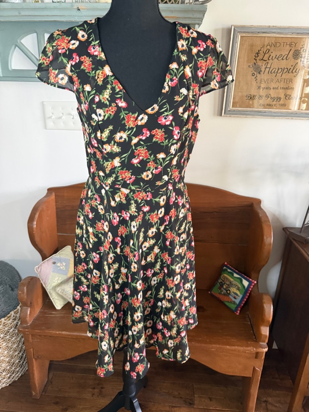 Betsey Johnson Black Floral V-Neck Fit & Flare Dress